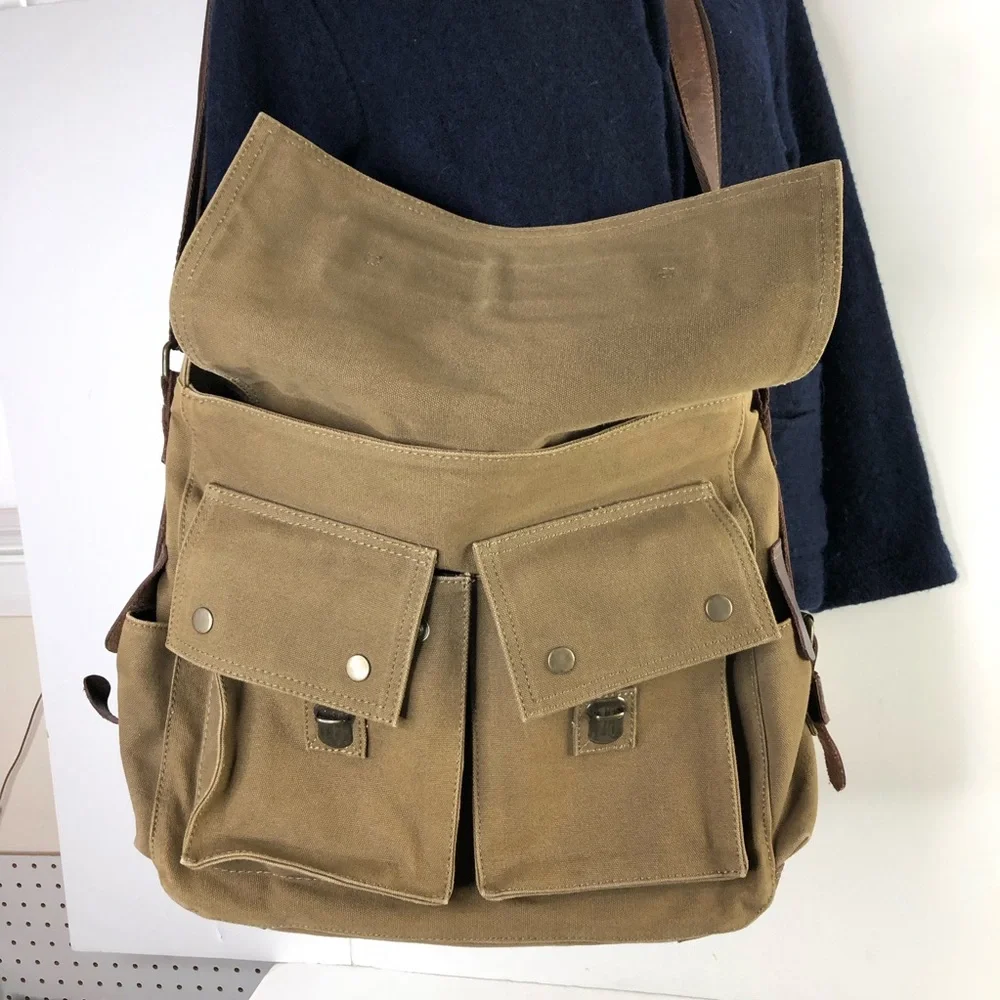 Rustic Town Men Brown Military Leather Canvas Messenger Bag L Shoulder Crossbody